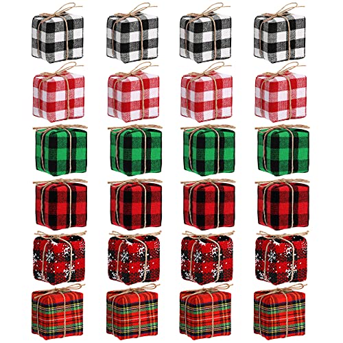 Chivao 24Pcs Mini Christmas Presents Ornaments Buffalo Plaid Multi-Color 1.57in
