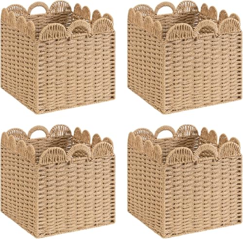 Set of 4 Scalloped Wicker Storage Cubes - 13x13x13in Khaki, Heavy Duty Paper Rope Baskets for Shelves, Bathroom, Bedroom, Laundry, Pantry