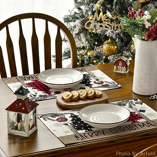 Artoid Mode 12x18 Red Pine Trees Xmas Placemat Set of 2, Christmas Table Decor