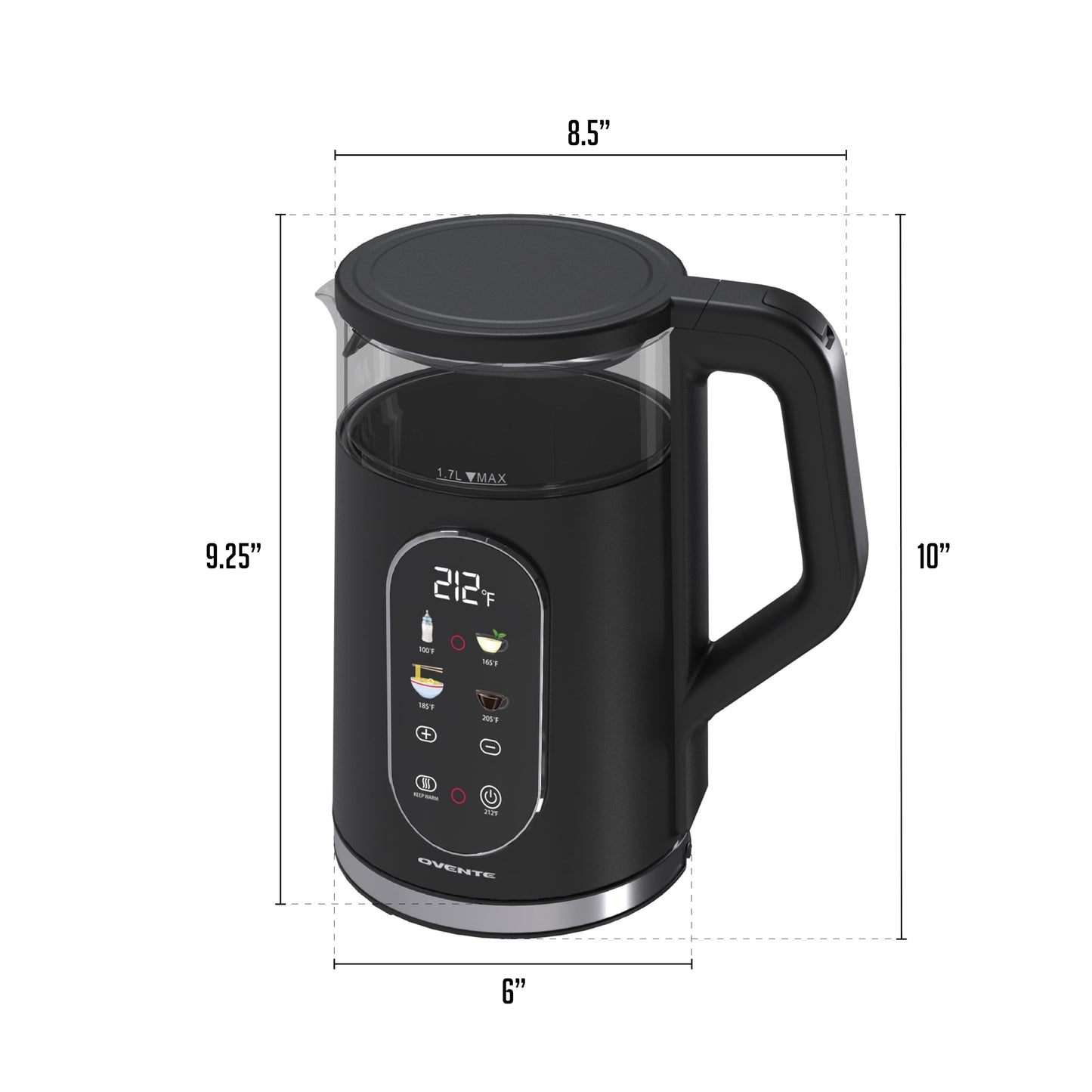 OVENTE Electric Kettle, 1.7L Fast Boiling Water Heater with Digital Touchscreen, Double-Wall Cool Touch Exterior, 5Hr Keep Warm, Auto-Shut Off, Boil-Dry Protection and Borosilicate Glass, Black KD96B