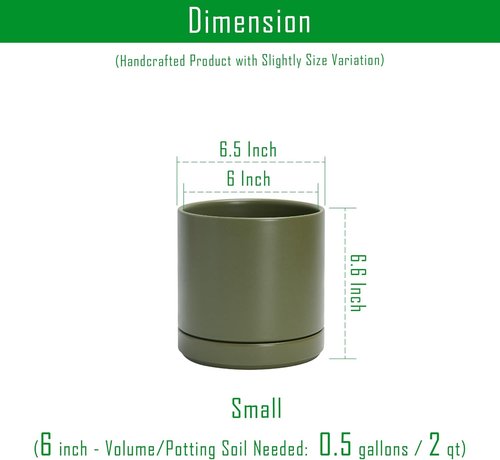 D'vine Dev Ceramic Planter Pot - 6.5 Inch Indoor Cylinder with Drainage Hole & Saucer | Olive Color