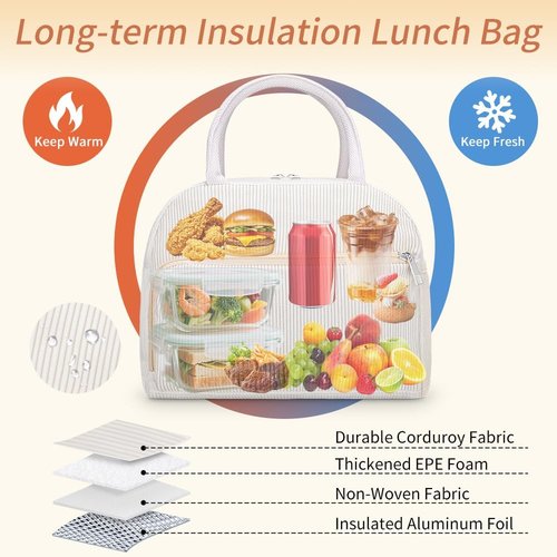 Coobiiya Corduroy Lunch Bag - Insulated Reusable Tote for Work & Travel | Large Capacity Cooler Bag