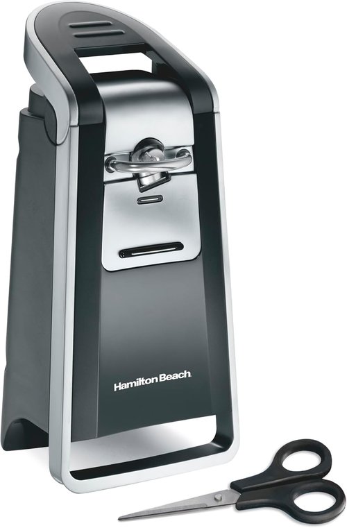 Hamilton Beach Electric Can Opener - Smooth Edge Design with Easy Push Lever & Stainless Steel Scissors - Black/Chrome