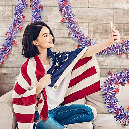 CCINEE 33FT 4th of July Tinsel Garland,Patriotic Metallic Star Garland for Independence Memorial Day Tree Banister Fireplace Home Party Decoration