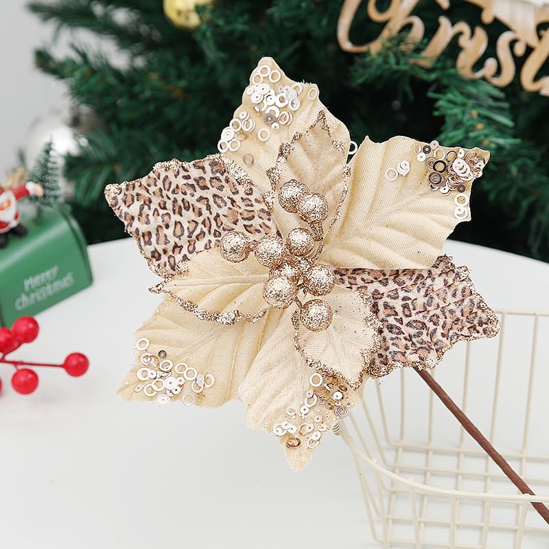Tiecawk Gold Leopard Print Christmas Flowers 8.26 Inch, 8 Pieces Holiday Decor