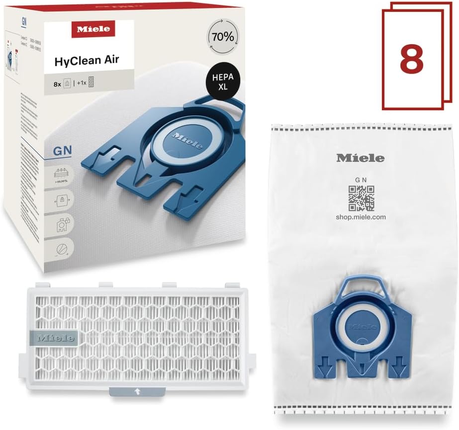 Miele Genuine AirClean GN Vacuum Cleaner Bags - Allergy XL Pack with 8 Bags & 1 HEPA Filter for C2/C3