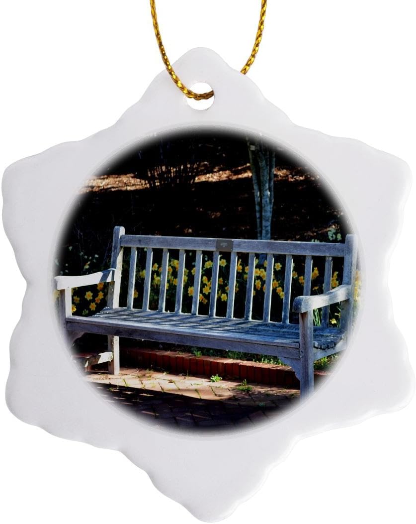 Spring Flowers Wooden Bench Snowflake Ornament - 3DRose Sit and Relax Decor