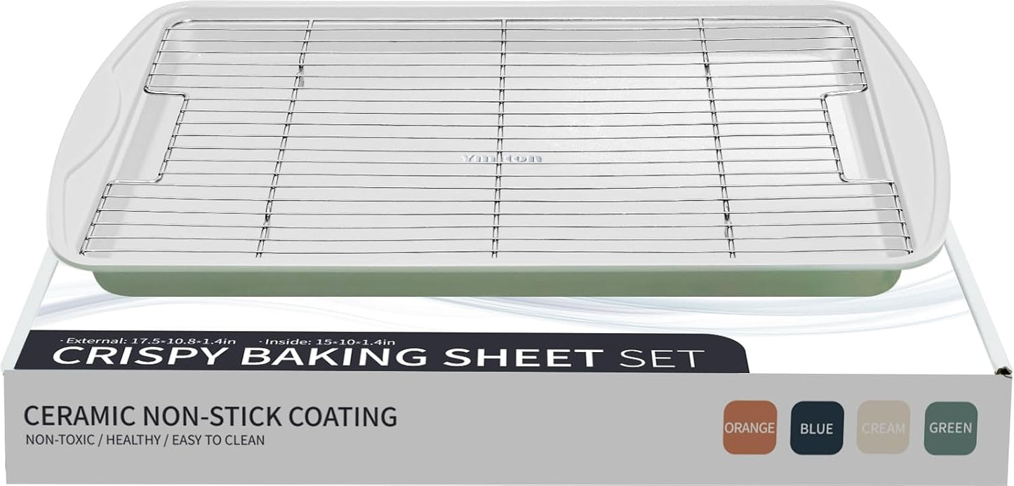 Nonstick Crisp Baking Tray - Ceramic Coating Jelly Roll Cookie Sheet Pan | 15x10, Oven Safe 550°F, PTFE & PFOA Free, Pistachio Green