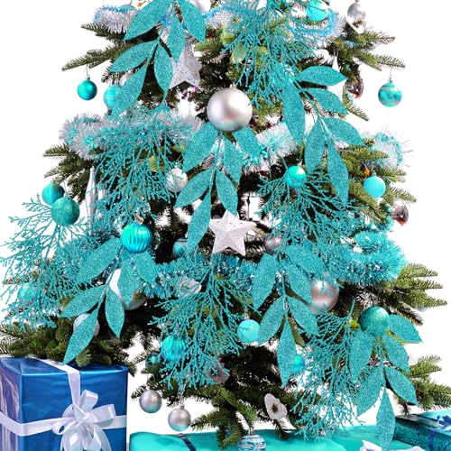 Winlyn Teal Blue Glittered Artificial Christmas Leaf Sprays - 30 Pcs Holiday Floral Decor