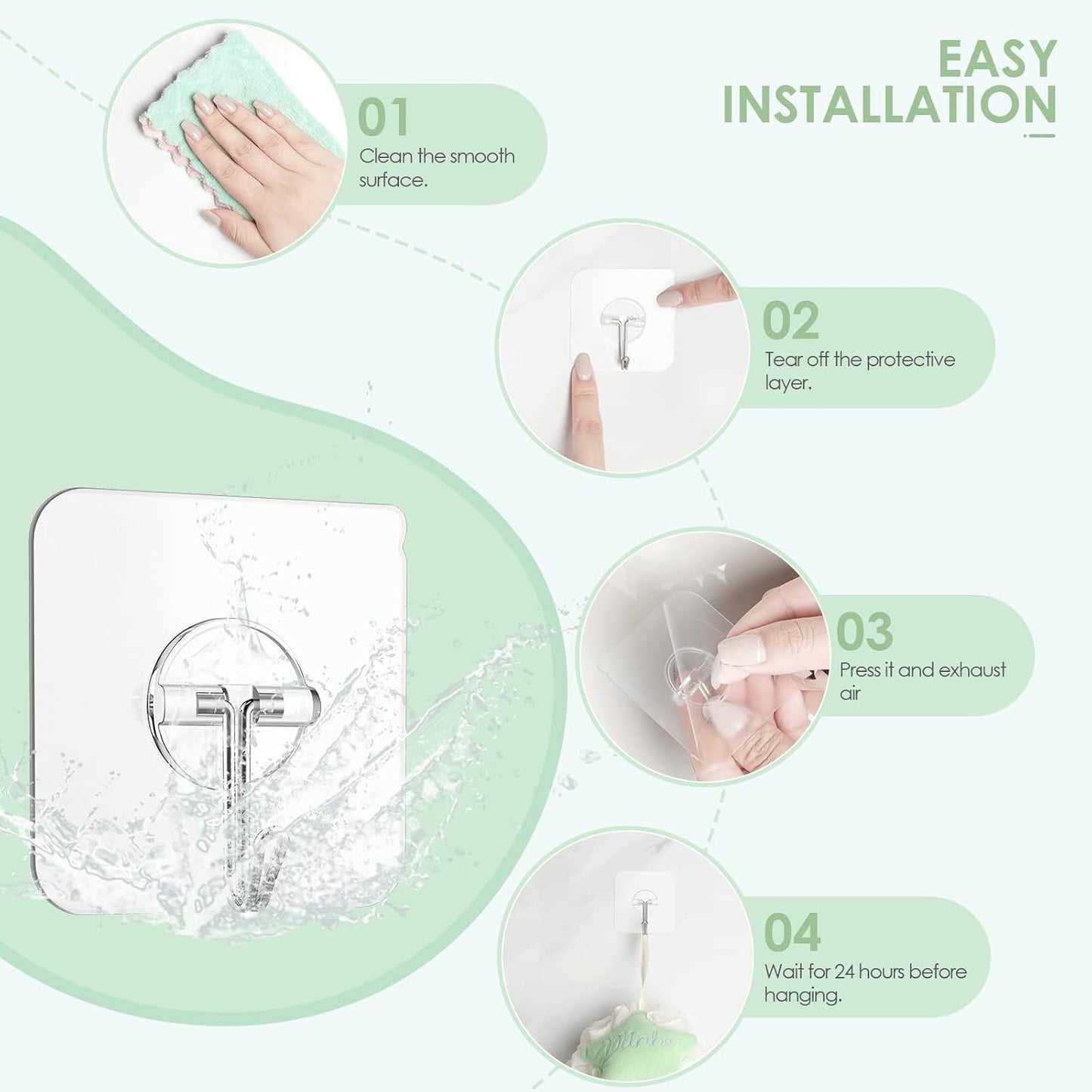 Skiennix Wall Hooks - Clear Removable Stainless Steel Adhesive Hooks | 13 lb Capacity, 10 Pack