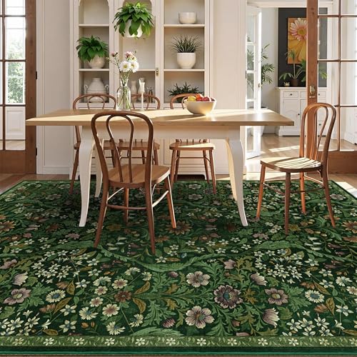 Dark Green 5x7 Botanical Floral Washable Area Rug for Living Room & Home