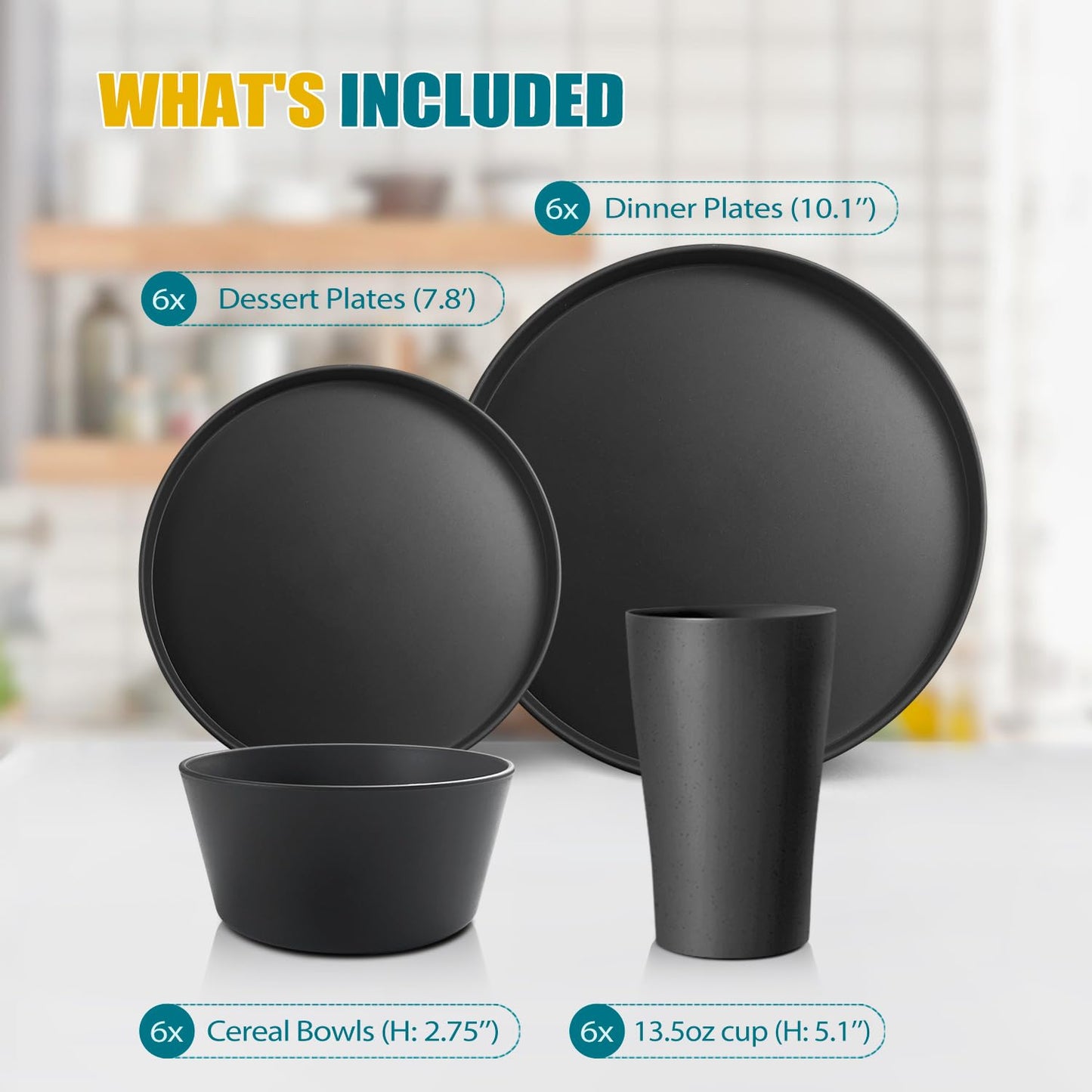 Teivio 24-Piece Kitchen Plastic Coupe Wheat Straw Dinnerware Set, Service for 6, Dinner Plates, Dessert Plate, Cereal Bowls, Cups, Unbreakable Unique Plastic Outdoor Camping RV Dishes, Black