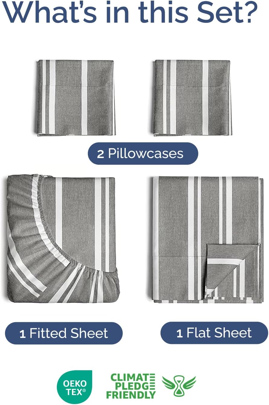 Skiennix Extra Deep Twin Sheet Set - 4 Piece Cooling Bedding - Soft, Wrinkle-Free, Grey Stripes