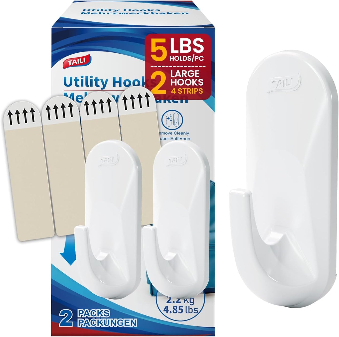 TAILI Heavy-Duty Sticky Hooks - No Damage Utility Hooks for Painted Walls | Removable & Reusable, 5 lb Capacity
