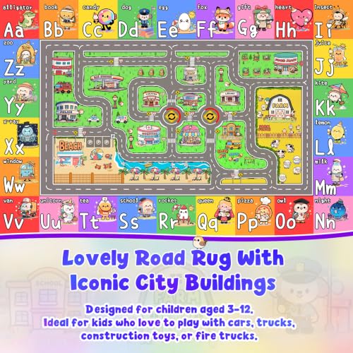 Town Road Kids Play Rug 8x10 ft - Educational City Map for Classroom & Playroom