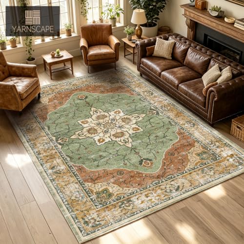 YARNSCAPE 8' x 10' Sage Green & Terracotta Washable Area Rug, Non-Slip Low-Pile Carpet