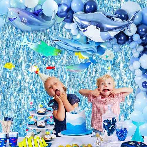 Blue Wave Tinsel Foil Fringe Curtain Streamers Decoration Blue Backdrop for Birthday,Under The Sea,Ocean,Pool,Beach Theme Party Decorations -2 Packs