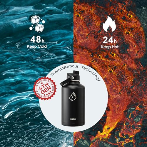 Insulated Stainless Steel Water Bottle 64 oz with Dust-Proof Lids - Black