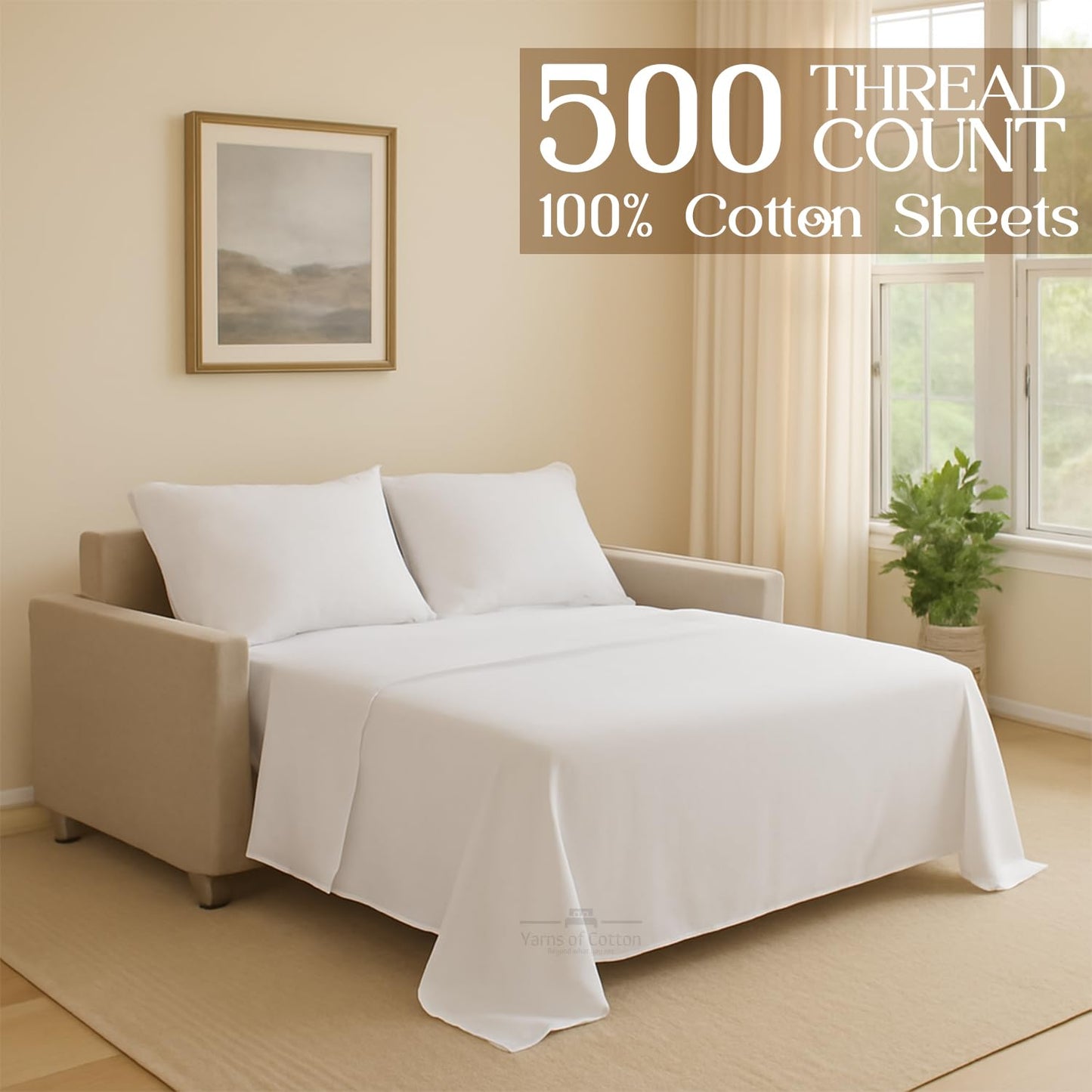 Sleeper Sofa 4 Piece Bed Sheet Set Premium Quality 100% Cotton 500 Thread Count, Smooth & Super Soft Sateen Weave, Extra Soft Bed Sheets, Wrinkle Free, 6 Inch Deep Pocket (Queen, White)