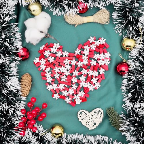 50pcs Mini Clothes Pins for Photo Christmas Tree Decoration White Wooden Heart Star Small Clothespins Picture Hanger Display Clips with String (Red Snow, 50 Pcs)