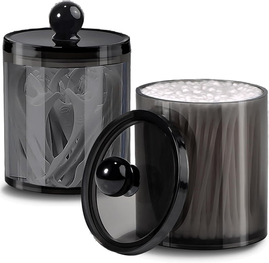 Regine Switzerland Cotton Buds Dispenser - Clear Black Round Holder | 10 oz Apothecary Jar Set for Storage