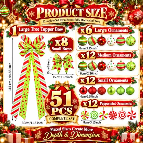 Bailiyake Christmas Tree Decorations Set with Red and Lime Green Ornaments, Wreath Bow & Elf Balls
