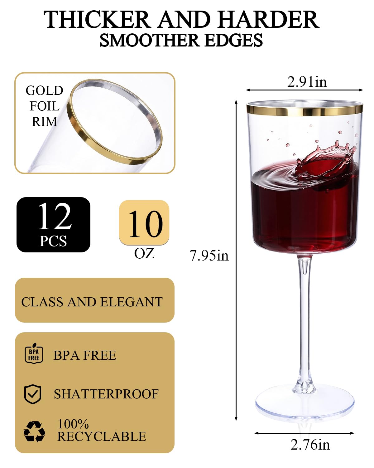 Ciaell 12 Pack 10 Oz Clear Plastic Wine Glasses with Red Stem - Disposable Cocktail Goblets Perfect for Parties & Weddings & Poolside & Outdoors & Camping & Party