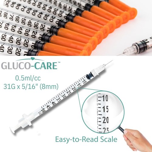 GLUCO-CARE 31G x 5/16’’ Syringes - 0.5 ml/cc, 100 Count for Precise Insulin Delivery