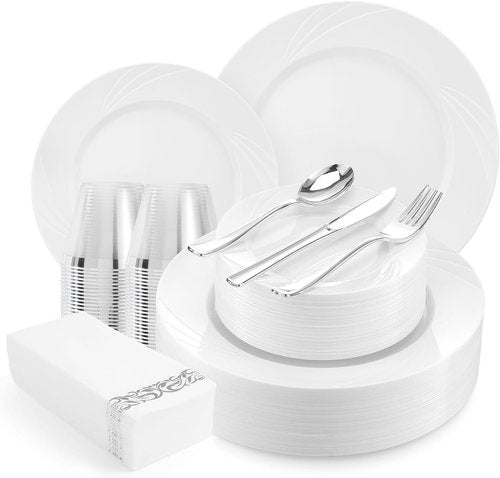 Elegant 350-Piece White Swirls Plastic Dinnerware Set by [Brand Name] | Perfect for 50 Guests, Weddings & Parties