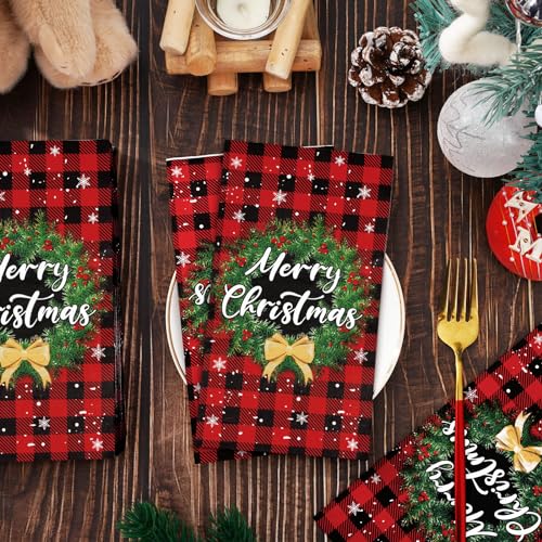 Whaline Buffalo Plaid Christmas Guest Napkins 3-Ply 80Pcs - Red Black Xmas Hand Towels