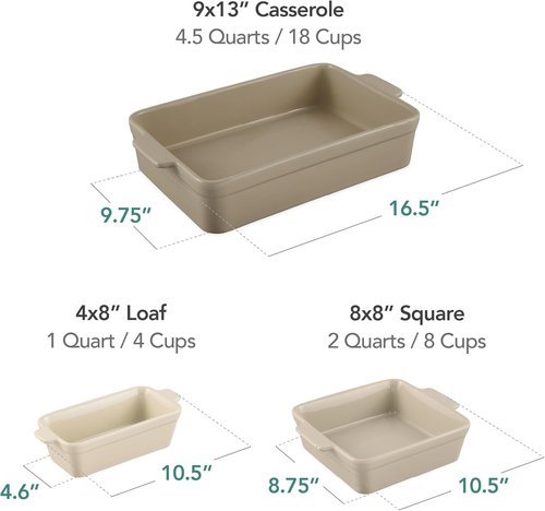 Best Choice Products 3-Piece Ceramic Bakeware Set | Stoneware Casserole Dishes - 9x12, Loaf Pan & 8x8 Baking Dish in Mushroom Beige