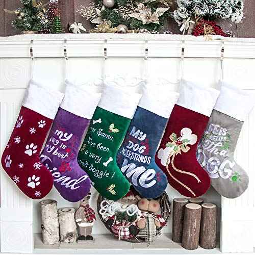 GEX Christmas Stockings for Dog Cat Pet 22" Large Quilted Lining Embroidery Luxury Lovely Velvet Hanging Ornament Decorations for Xmas Season (Burgundy)