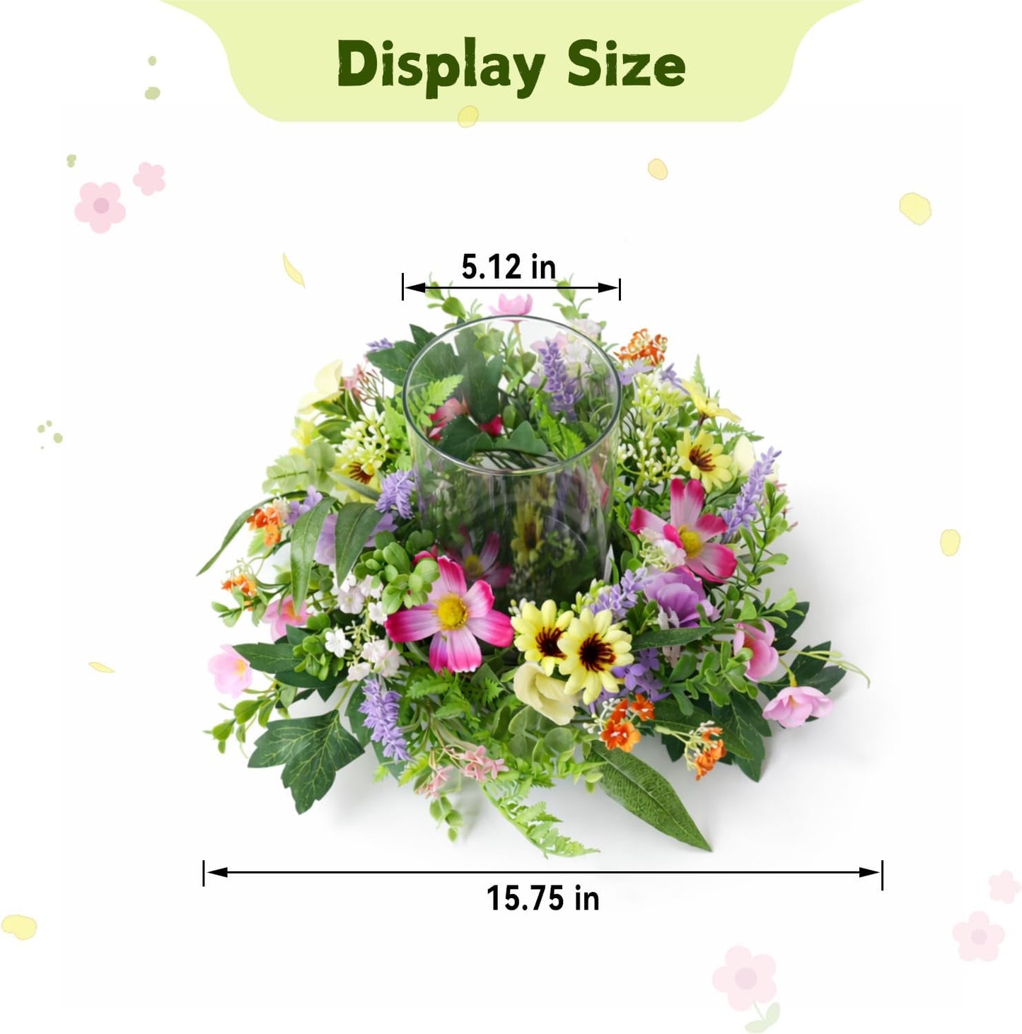 Skiennix Floral Candle Holder - Glass Hurricane with Detachable Wreath | Spring Centerpiece for Dining Table