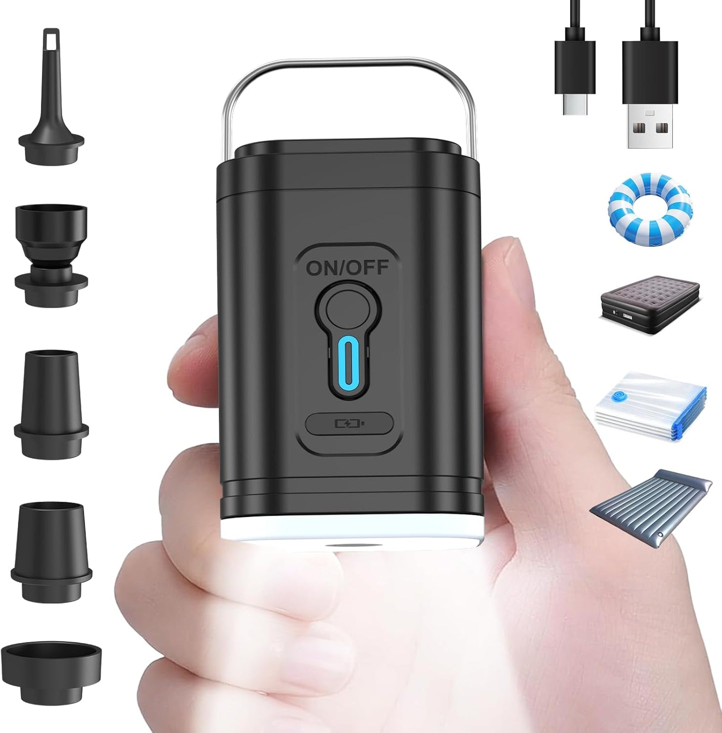 Skiennix Portable Air Mattress Pump - 3-in-1 Camping Air Pump with 2400mAh Battery & LED Light