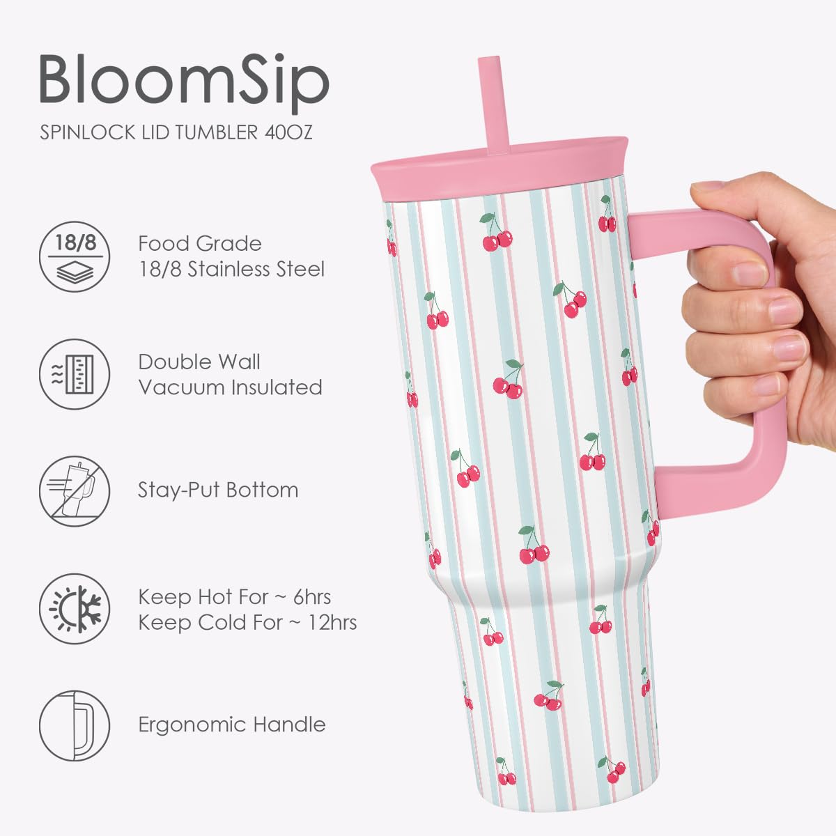 SANDJEST Cherry Stainless Steel Locking Lid Silicone Straw Tumbler with Handle 40oz, Insulated Stainless Steel Travel Cup for Women Girls Friends, Gift Idea for Birthday Christmas
