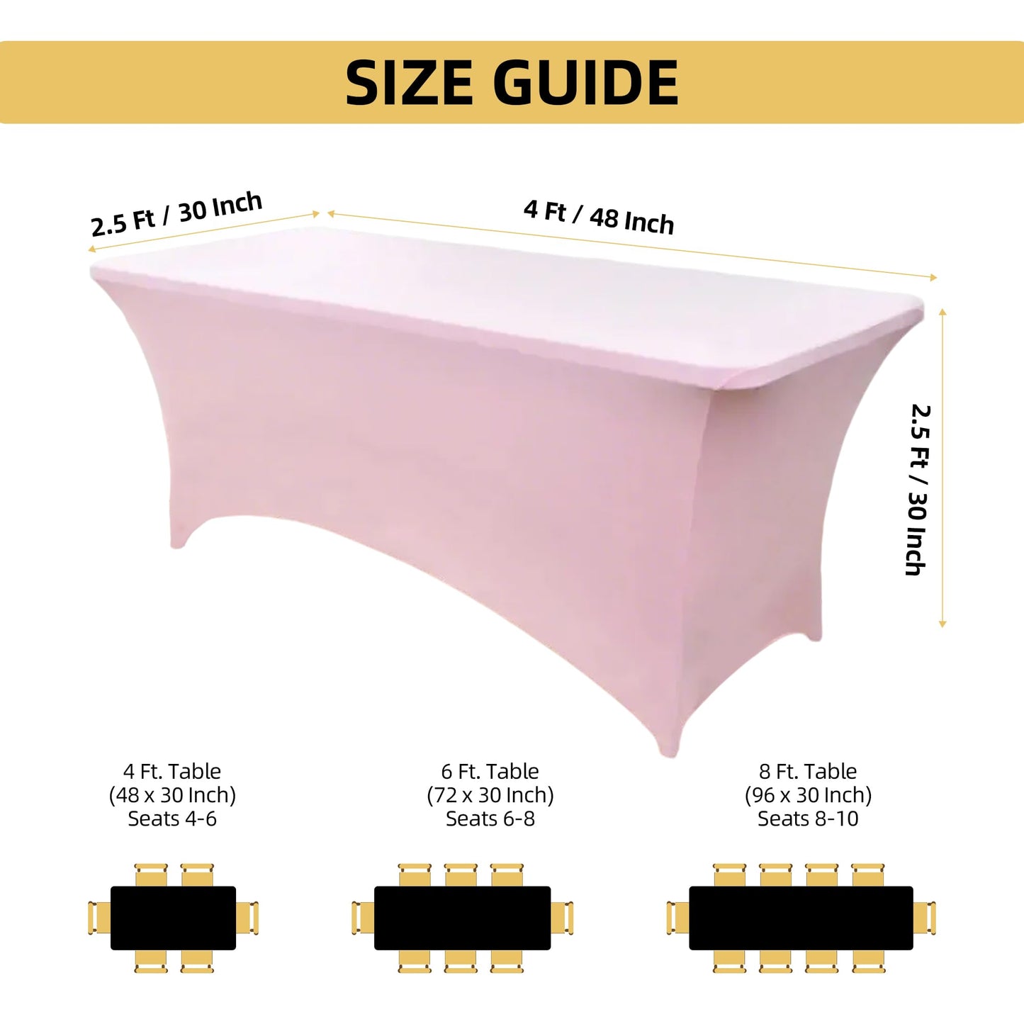 ZarzaaSik 6-Pack 8ft Spandex Table Covers for Rectangle Folding Tables - Washable Elastic Tablecloth - Ultimate Fitted Table Protector for Birthday Parties, Trade Shows, Banquet