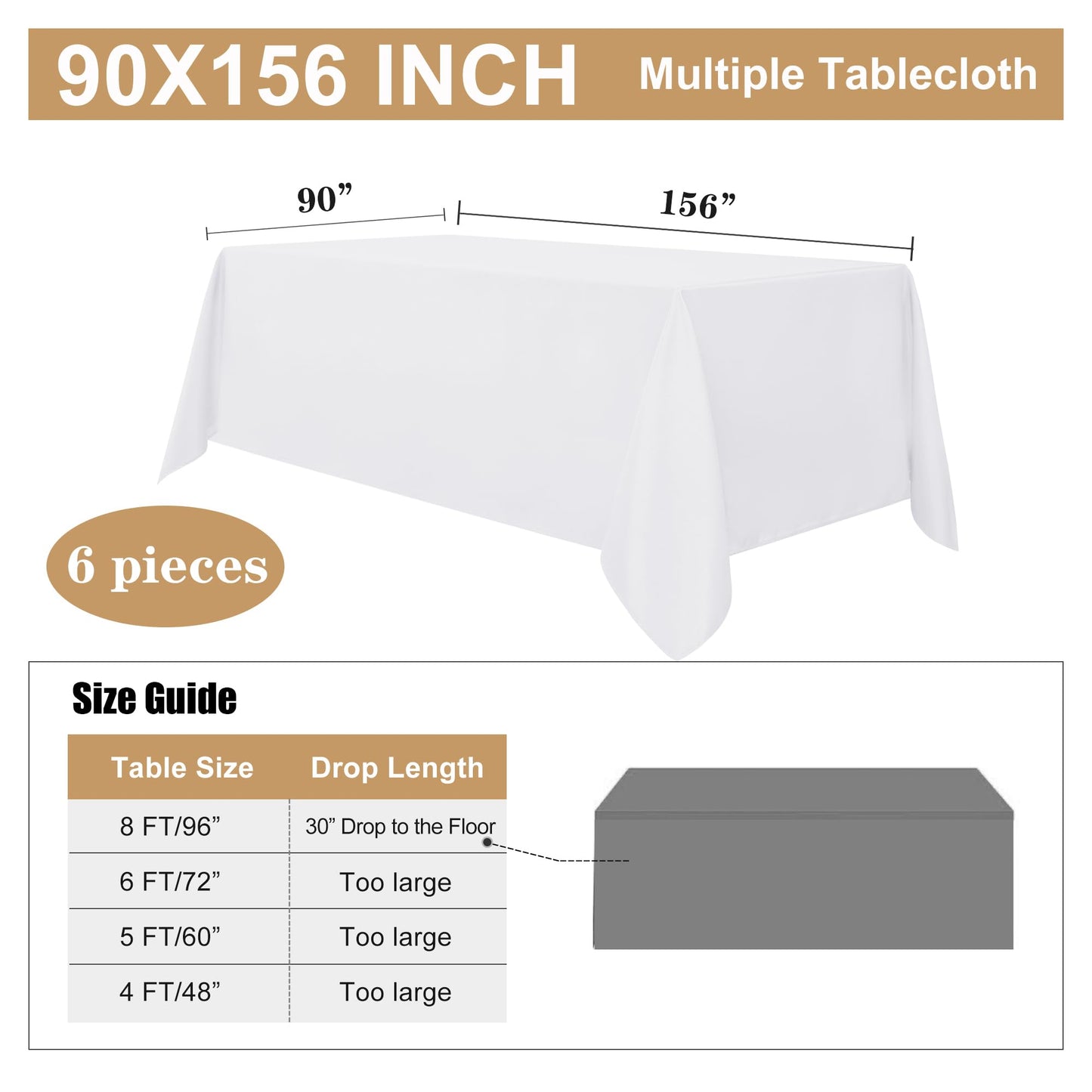 sancua 6 Pack White Tablecloth 90 x 156 Inch - Rectangle Table Cloth for 8 Feet Tables Stain and Wrinkle Resistant Washable Polyester Table Cover for Dining Wedding Banquet Party Buffet Restaurant