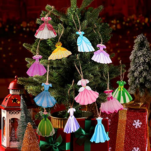 24 Pcs Princess Dress Wooden Ornaments for Christmas Tree Decorations