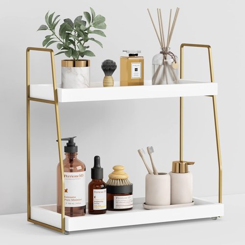 Forbena Bathroom Organizer - Elegant 2-Tier Wooden Sink Shelf for Vanity Storage | White and Gold