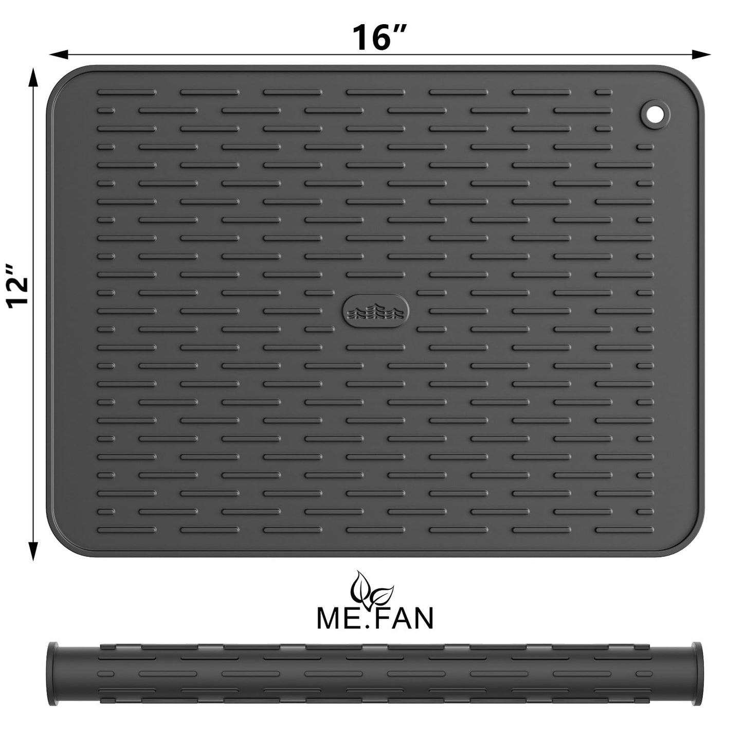 ME.FAN Silicone Dish Drying Mat for Kitchen Counter, Dish Drying Pad for Sink, Refrigerator or Drawer, Countertop Protection Pad M - 16''×12'' - Black