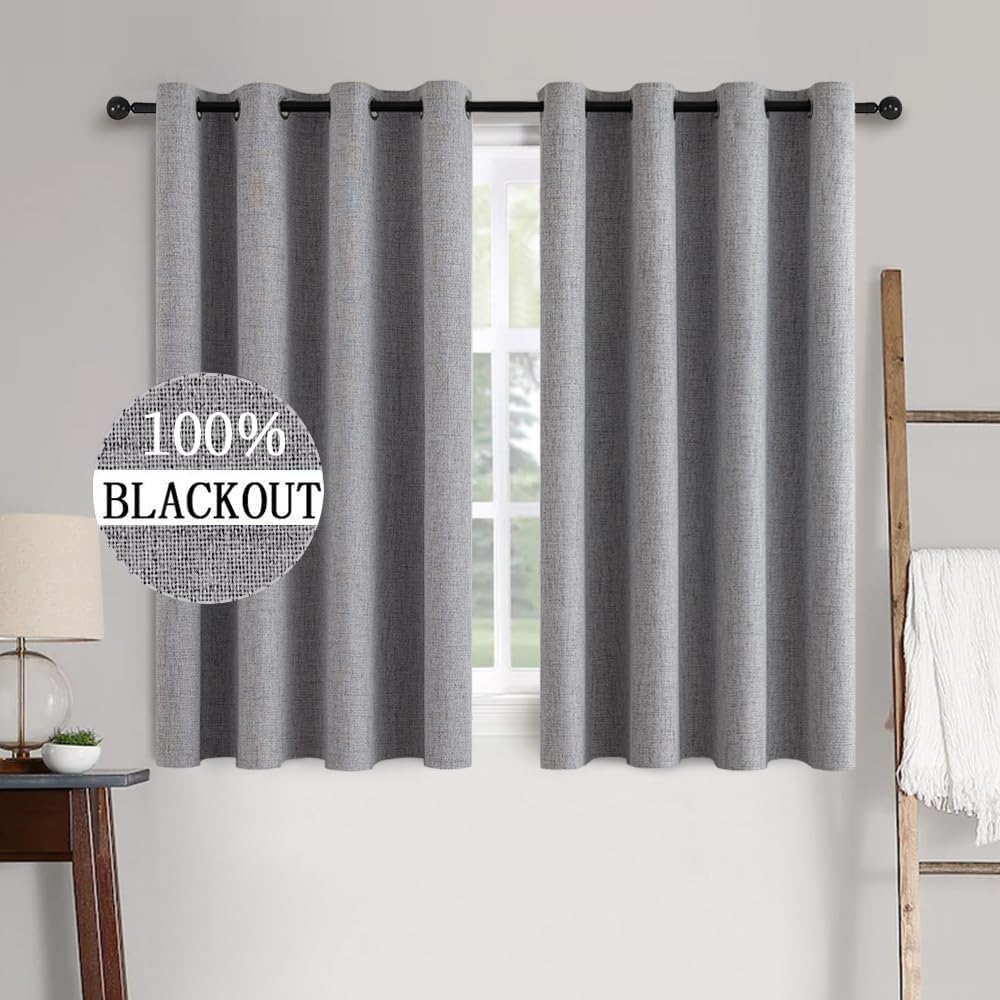 MIULEE Blackout Linen Texture Curtains - Thermal Insulated Grey Drapes for Bedroom | 52x54 Inch (2 Panels)