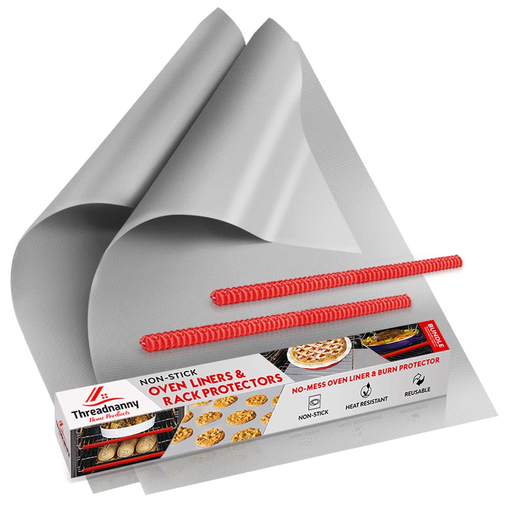 Oven Liners for Bottom of Oven Silver (2-pack) Bundled with Rack Shields (2-pack) - Large Mat for Bottom of Stove (17"x 25") and 14" Silicone Rack Protectors - Reusable & Heat Resistant