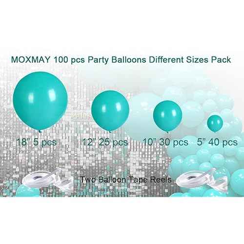 102 Pieces Teal Blue Balloons 18In 12In 10In 5In Different Sizes Party Balloon Kit for Birthday Halloween Christmas Wedding Baby Shower Bride Party Decoration (Teal Blue)
