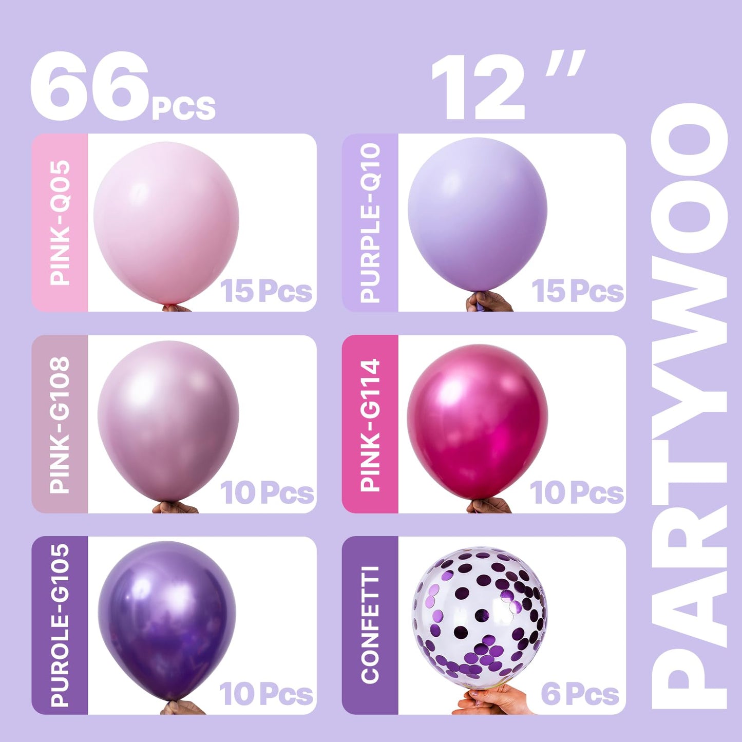 PartyWoo Pink and Purple Balloons 66pcs 12 Inch Baby Pastel Light Metallic Pink Light Purple Lavender Lilac Confetti Balloons for Baby Shower Princess Butterfly Birthday Party Decorations