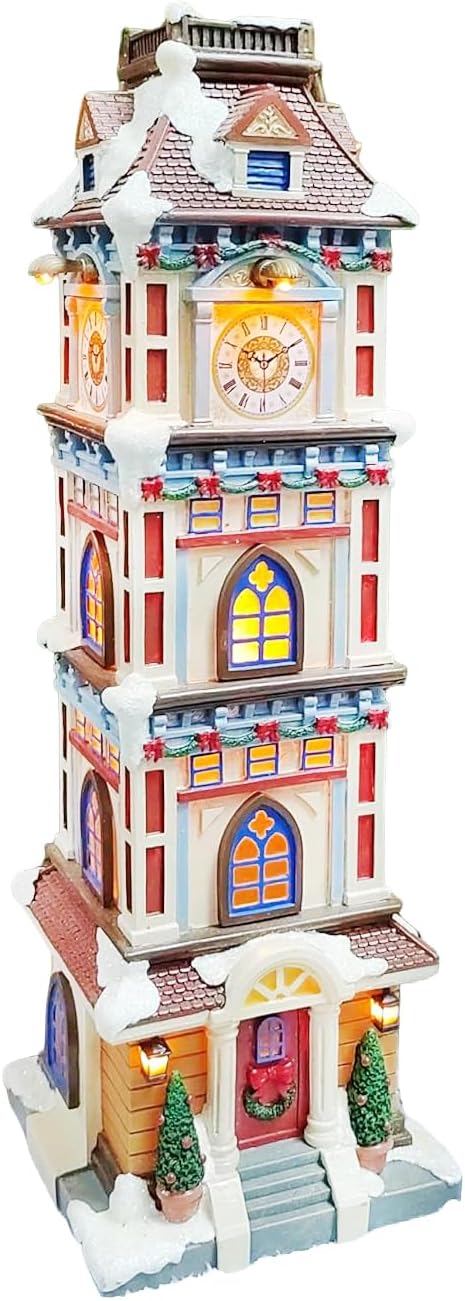 Moments In Time Lighted Christmas Clock Tower - 14.5” Hand-Painted Polyresin Village Décor | Elegant Holiday Gift