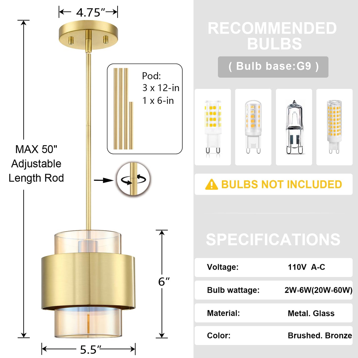 1 Light 2 Pack Hanging Indoor Kitchen Island Pendant Light 5.5" Drum Metal Amber Glass Pendant Ceiling Light Fixture,Modern Farmhouse Dinning Over Sink (Brushed Bronze Finish)