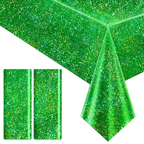 2 pcs Green Holographic Tablecloth 40" x 108" Christmas Table Cloth Shimmer Shining Plastic Metallic Table Cover for Jungle Safari St. Patrick's Day Baby Shower Birthday Party Decoration Supplies