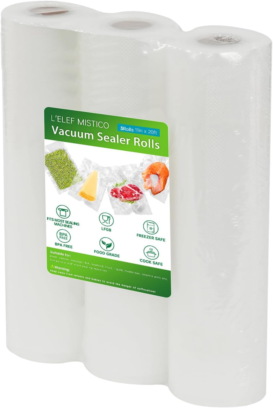 L'ELEF MISTICO Vacuum Sealer Bags - BPA-Free Food Saver Rolls, 11''X20'' (3 Pack) for Meal Prep & Sous Vide