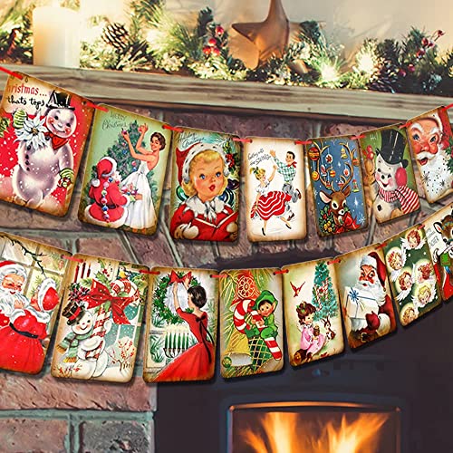 Christmas Decorations Vintage Style Christmas Banner,Traditional Victorian X-mas Bunting, Vintage Style Santa X-mas Decorations Indoor for Home Office Party Fireplace Mantle
