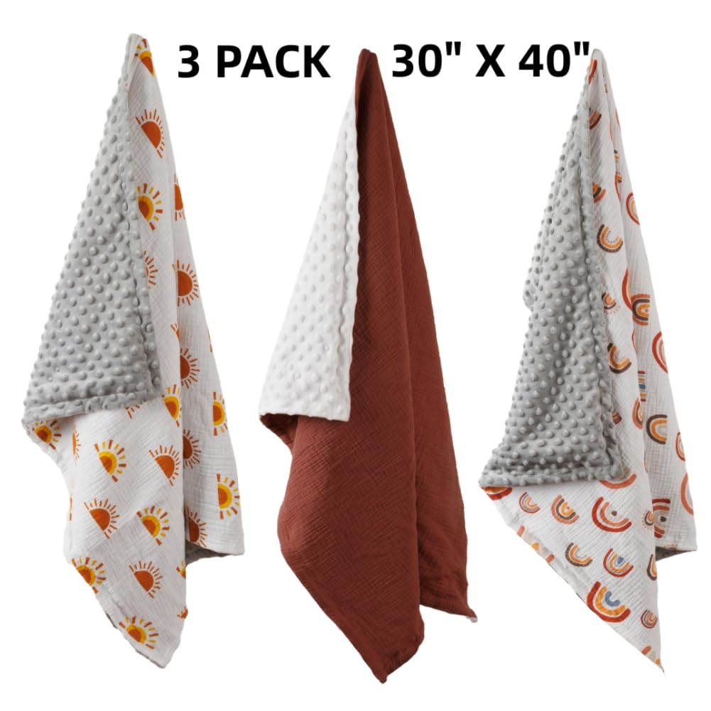 3 Pack Soft Boho Baby Gender Neutral Blankets for Newborn Baby Girls or Boys Unisex Nursery Toddler Baby Throw Blanket Double Layer Blankets with Dotted Backing Sun Rainbow Printed (Boho)